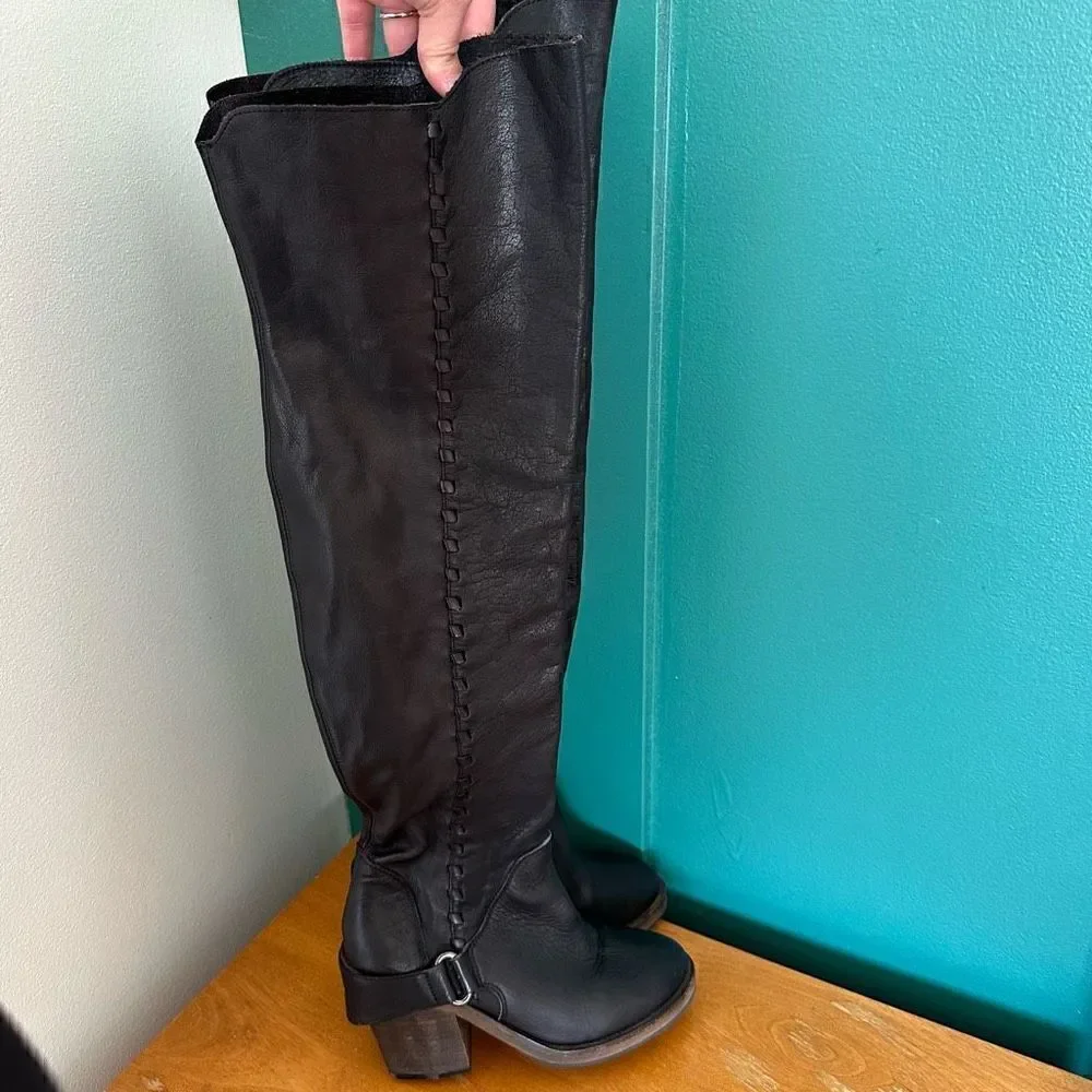 Free People Women’s Auburn Black Leather Over The Knee Whipstitch Detail Boot